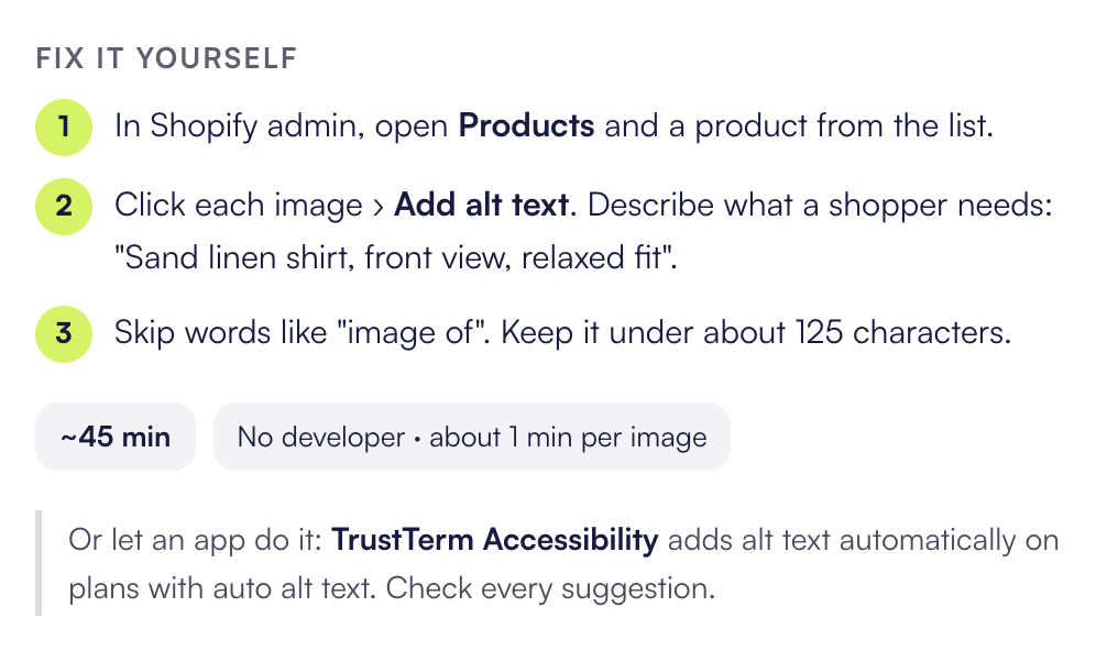 Sample report: three steps to add alt text to product images